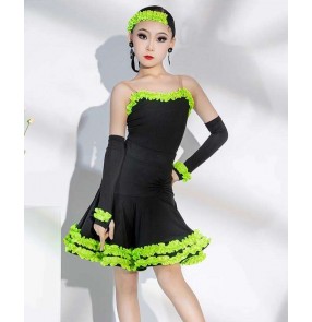 Black with green ruffles latin ballroom dance dresses for girls kids children salsa ballroom latin stage performance costumes for kids